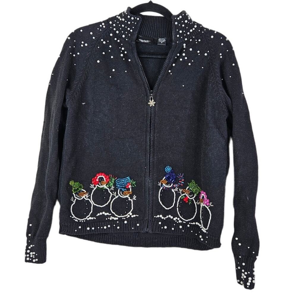 Vintage 90s Christina Rotelli M Full Zip Snowman Holiday Sweater Beaded Kitsch